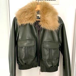Army green vegan leather bomber jacket with removable faux fur collar